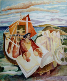 Augustin Landing in England. Watercolour 1989 Lambeth Palace Commission presented to the Pope.  102cm x 91cm