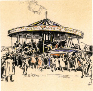 Leyburn Fair. C.1955  Pen, coloured pencils and chalk